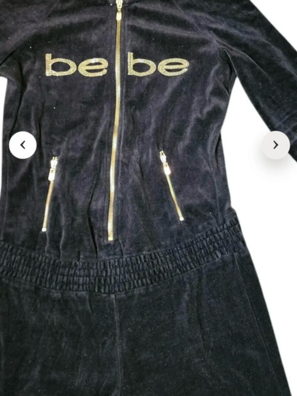 bebe Black Velvet Zip Hoodie Jumpsuit with Gold Hardware - Picture 3 of 6